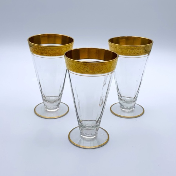 Vintage 40s Tiffin Franciscan Crystal Minton Gilt Etched Footed Drinking Glasses - Picture 13 of 13